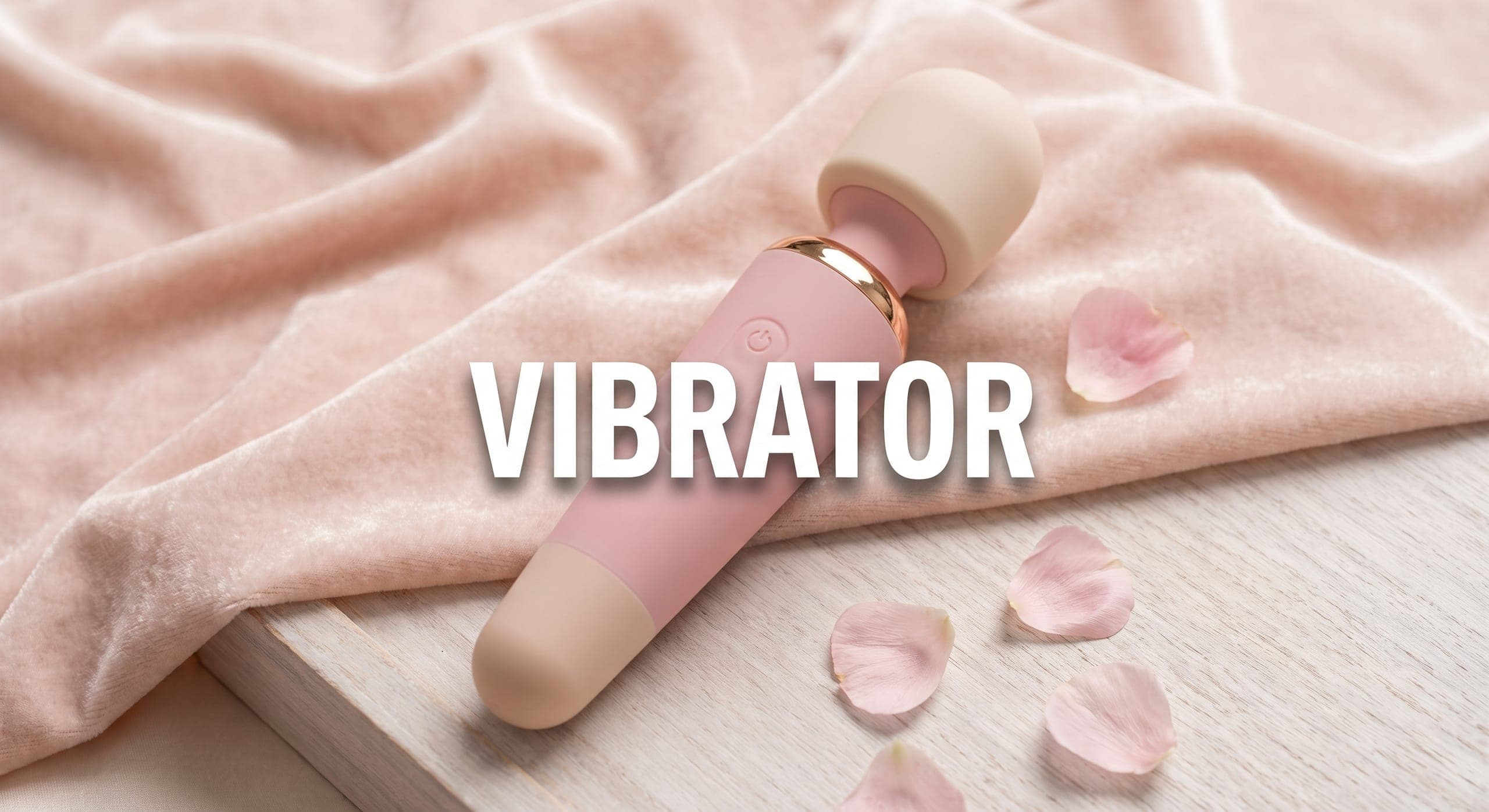 A pink and cream wand vibrator on rose velvet, with petals scattered beside it