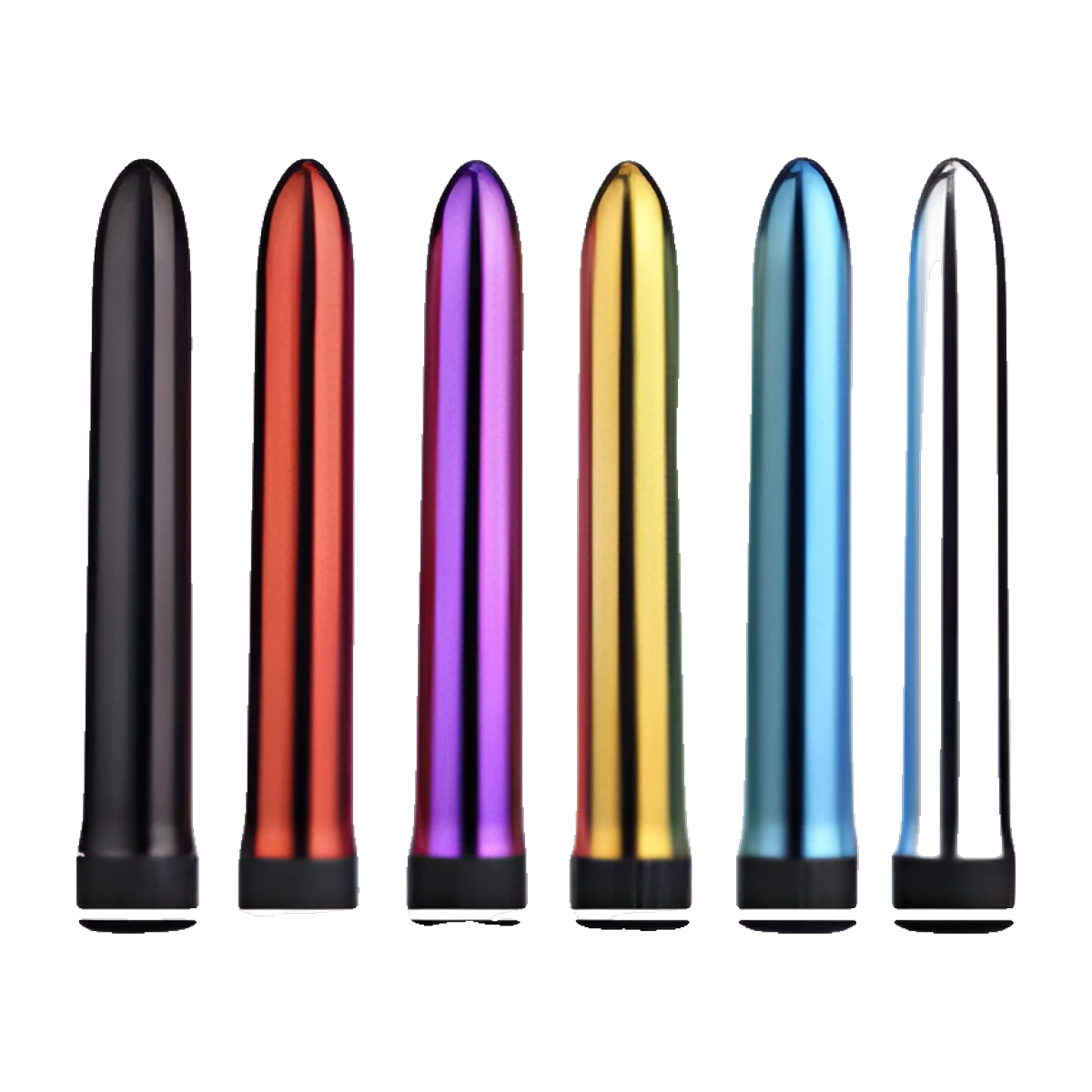 Six tall, tapered cylinders with a mirror shine in black, red, purple, gold, blue and silver, each with a ribbed black base.