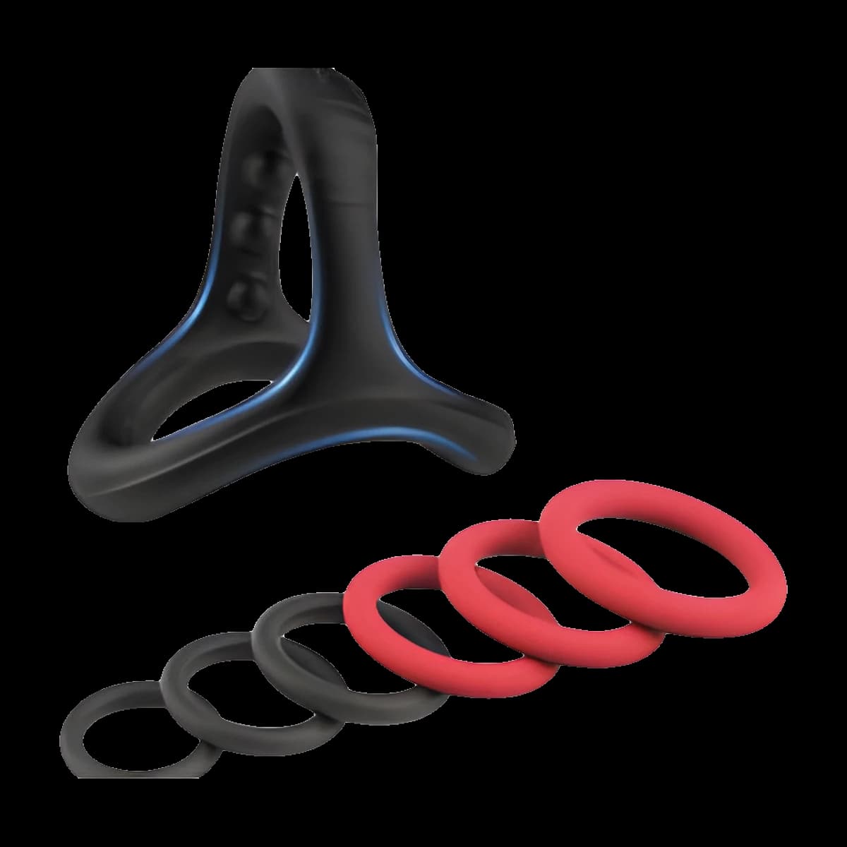 A black triple loop ring with raised dots and blue edging, above six plain rings in graduated sizes, three black and three red, with a small fitting illustration.