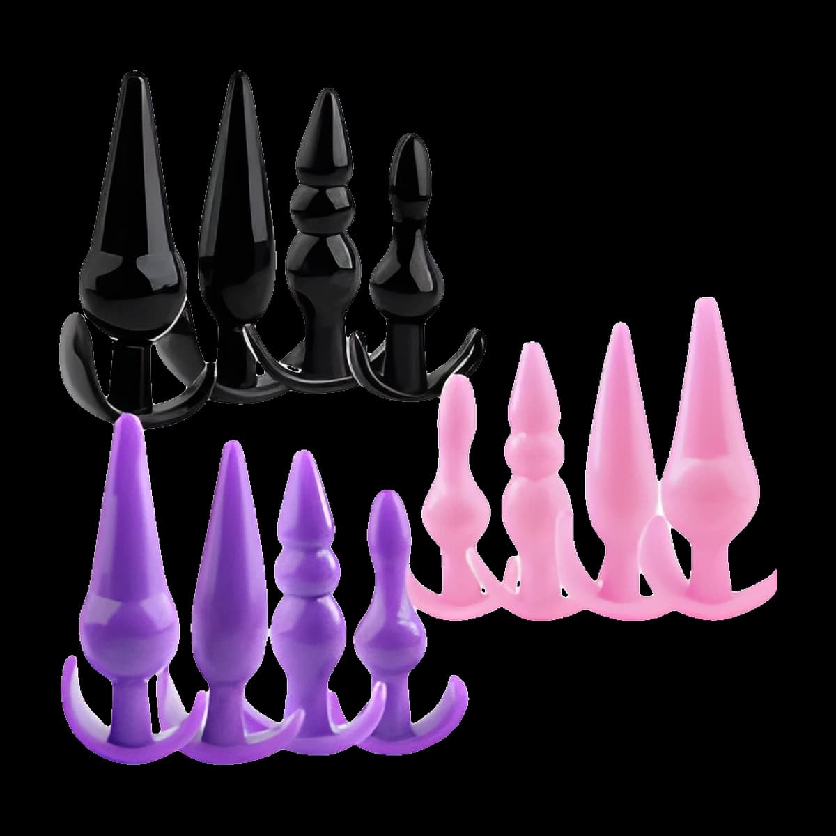 Twelve glossy plugs arranged in three groups of four, in black, purple and pink, each group ranging from a tall ribbed cone to a slim beaded one.