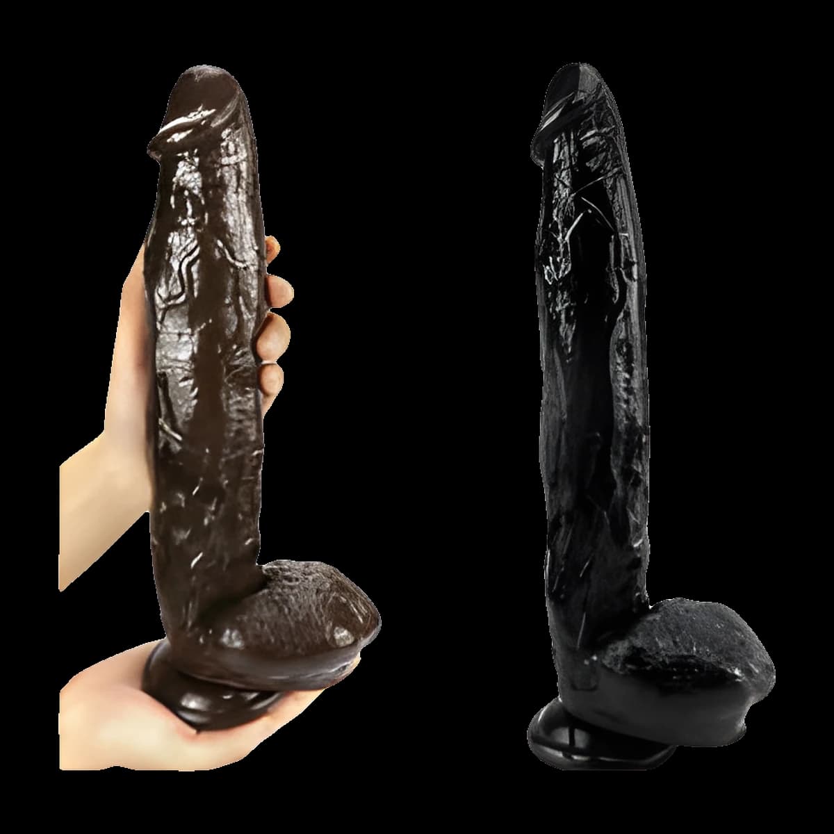 Two very large toys with heavily veined shafts and balls, one dark brown held in a hand for scale and one black, both on suction cup bases.