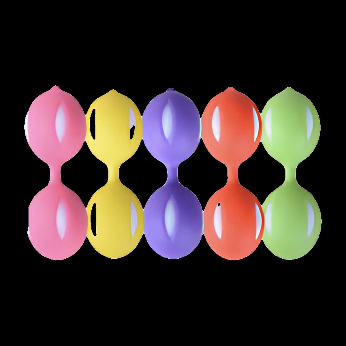 Five pairs of glossy joined balls in pink, yellow, purple, red and green, standing upright in a row.