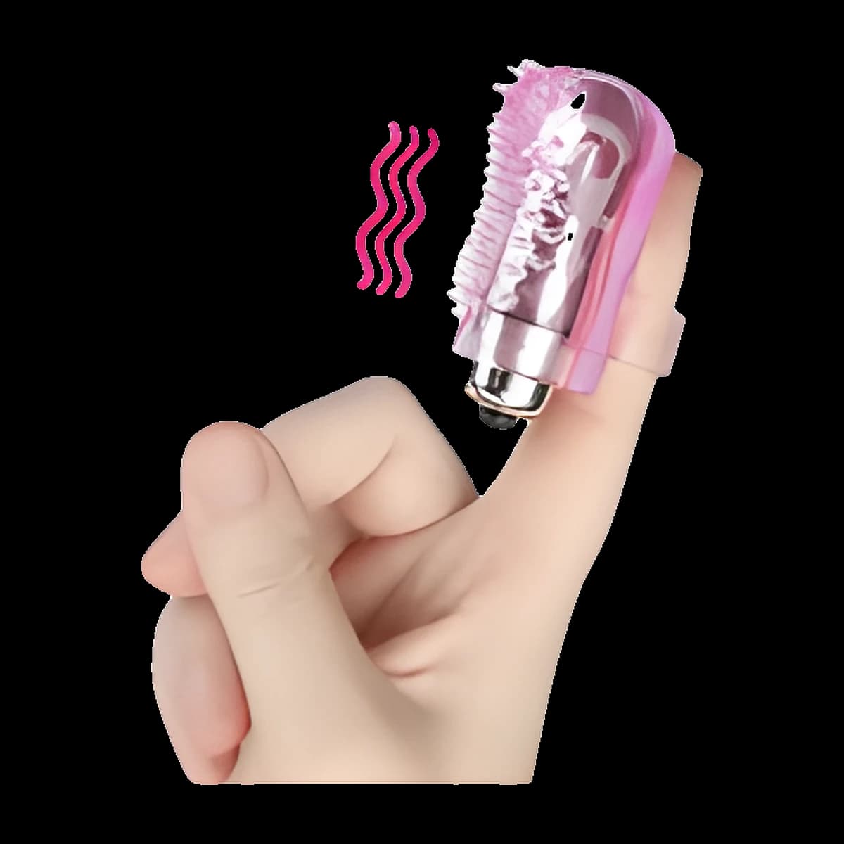 A translucent pink sleeve covered in small nubs, worn on an index finger, with a silver bullet tucked inside and wavy lines suggesting vibration.