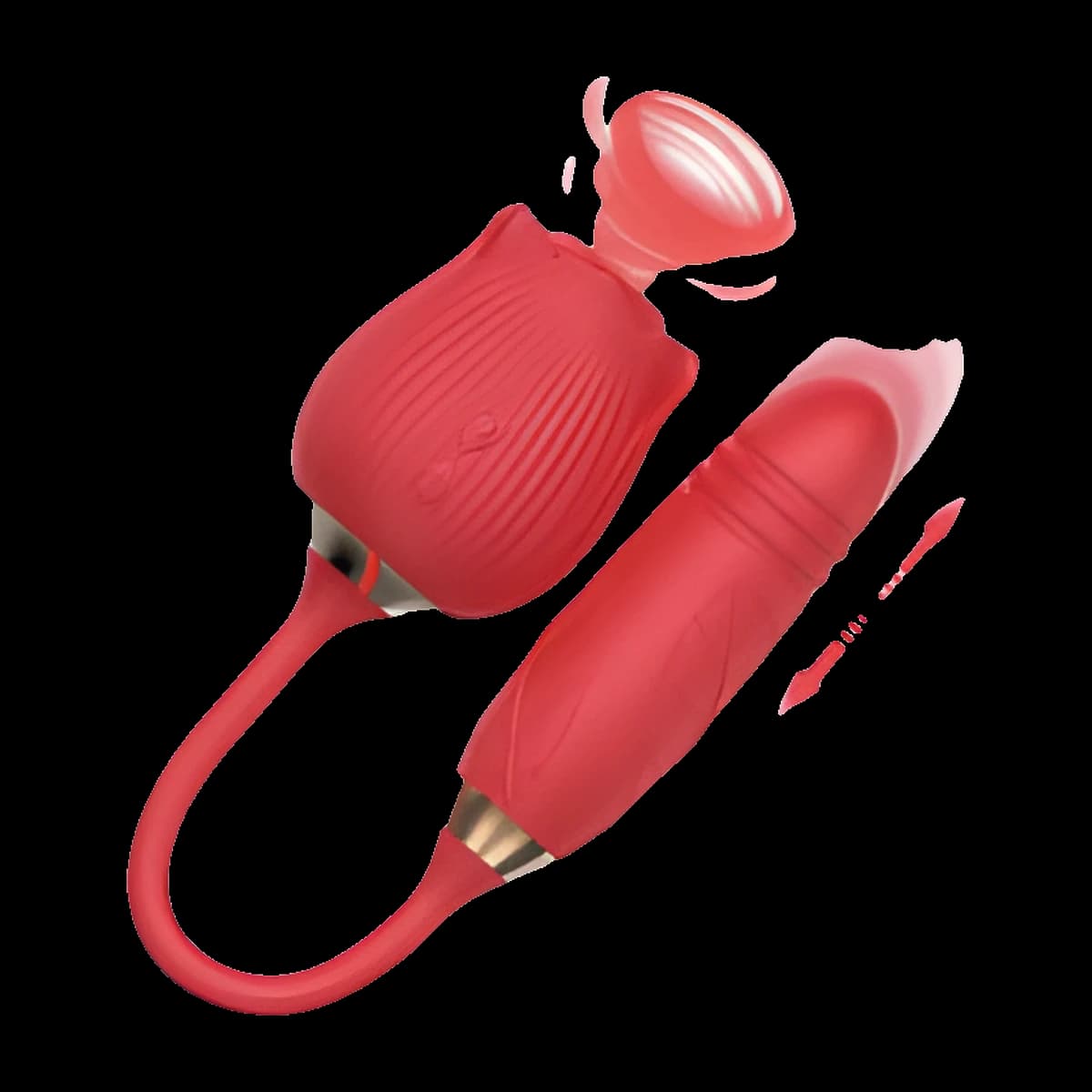 A red rose shaped toy with a suction opening, joined by a thin red cord to a ribbed bullet shaped shaft, with arrows showing it moves in and out.