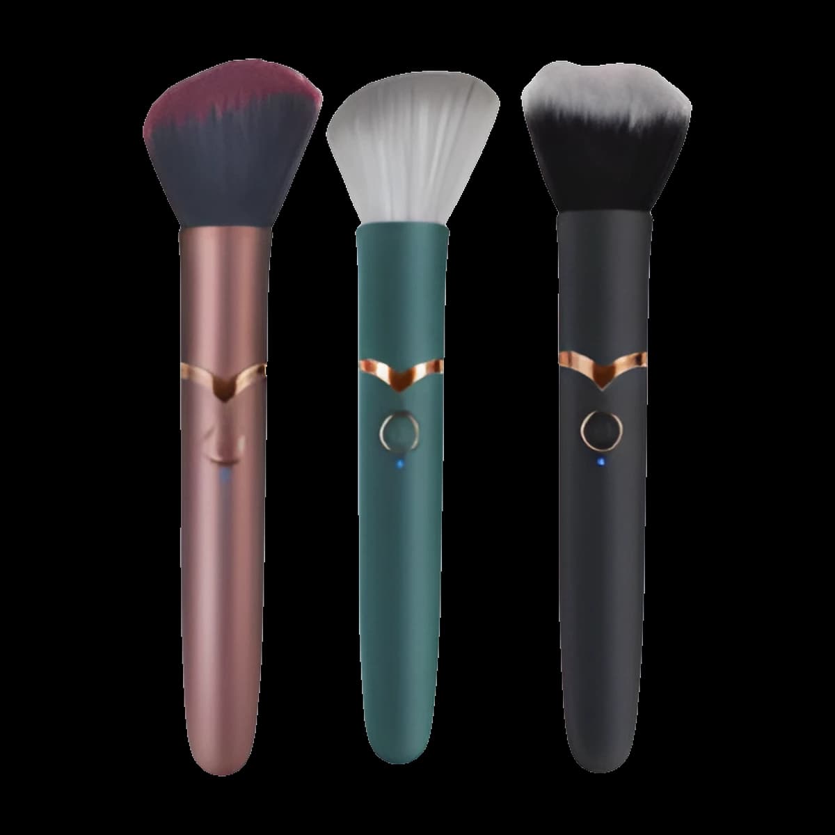 Three brushes with dense domed bristles and slim handles: rose gold with dark red tips, deep green with pale grey tips, and black with grey tips.
