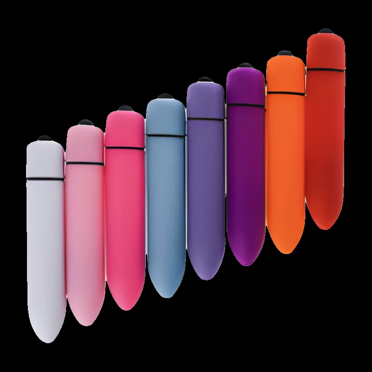 Eight slim bullets with rounded tips and dark end caps, lined up in white, pink, magenta, blue, purple, violet, orange and red.