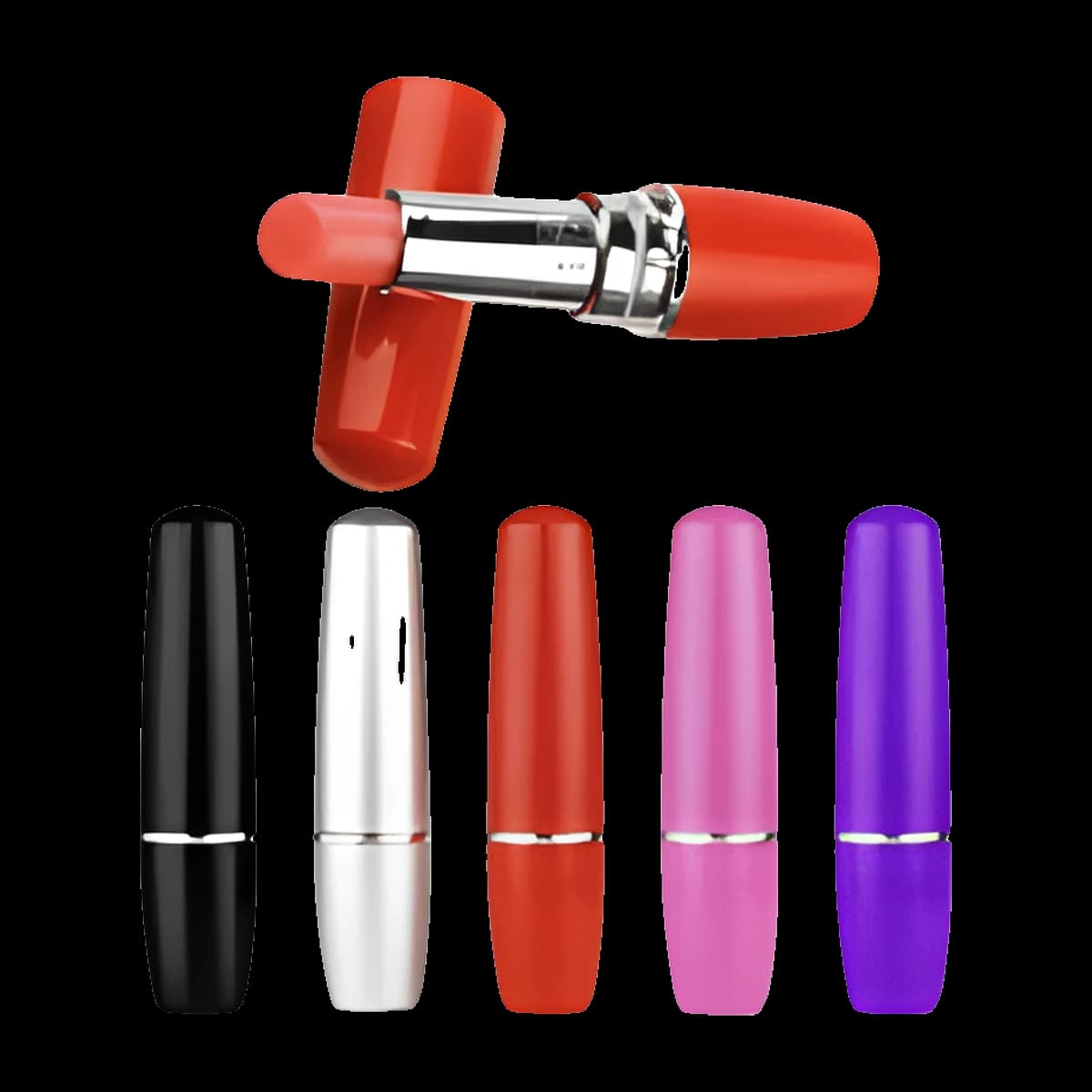 Five glossy tubes in black, silver, red, pink and purple, with a red one above shown open to reveal its rounded tinted tip.