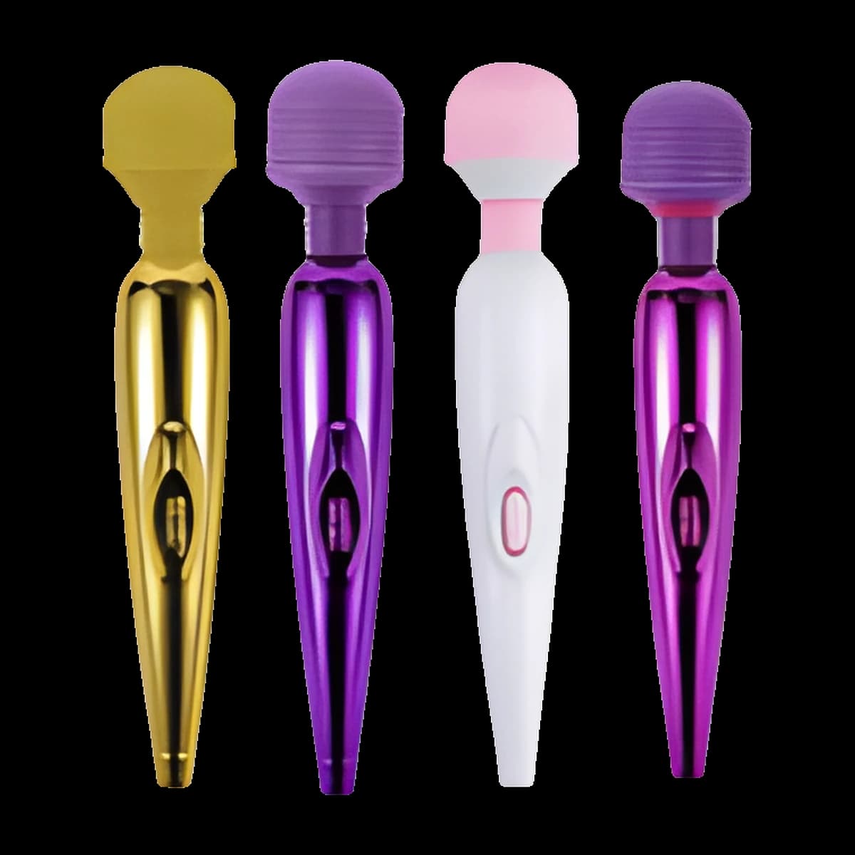 Four slim wands with round textured heads, in shiny gold, metallic purple, white with a pink head, and metallic purple with a violet head.