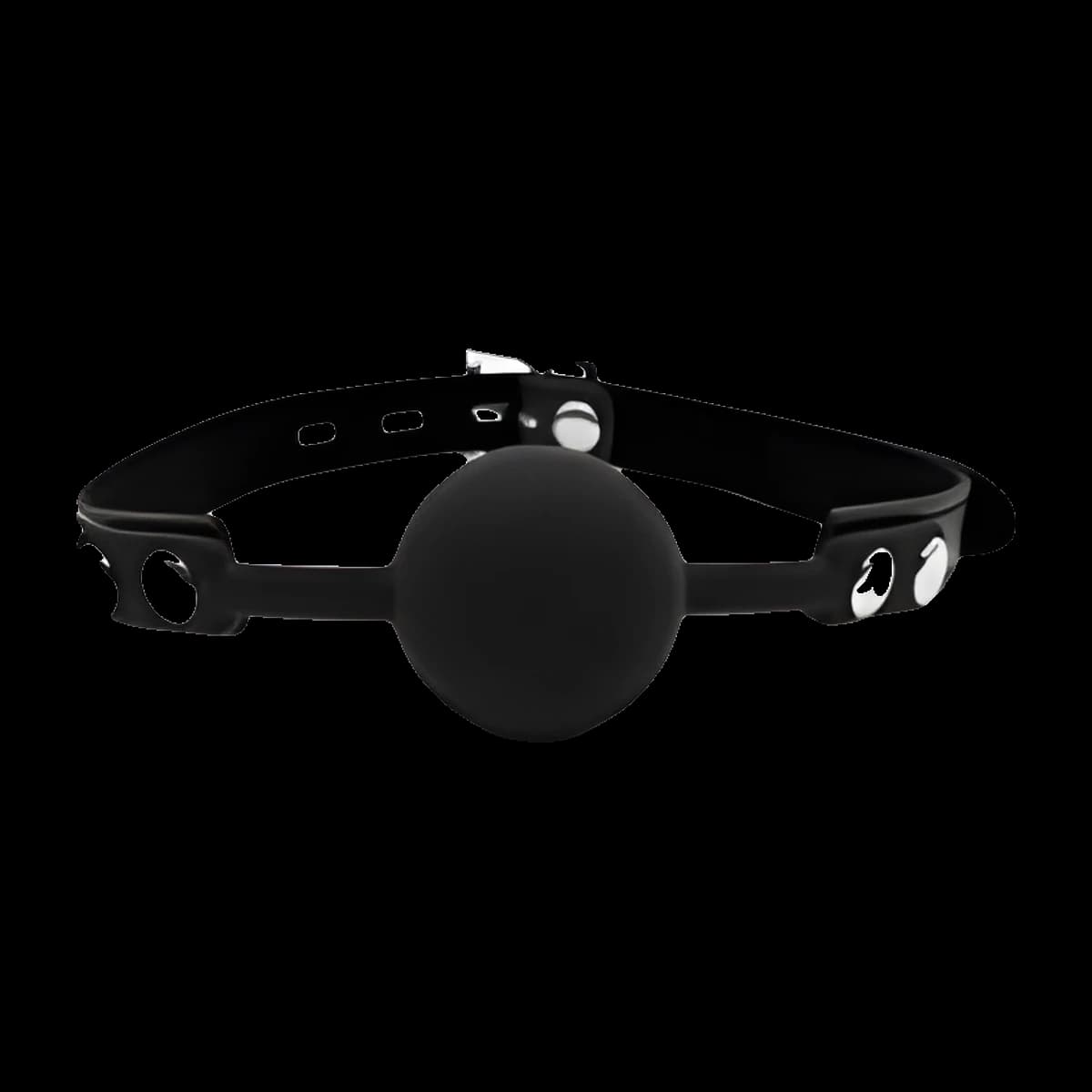 A black round ball on a black strap with metal rivets along it and a buckle at one end.
