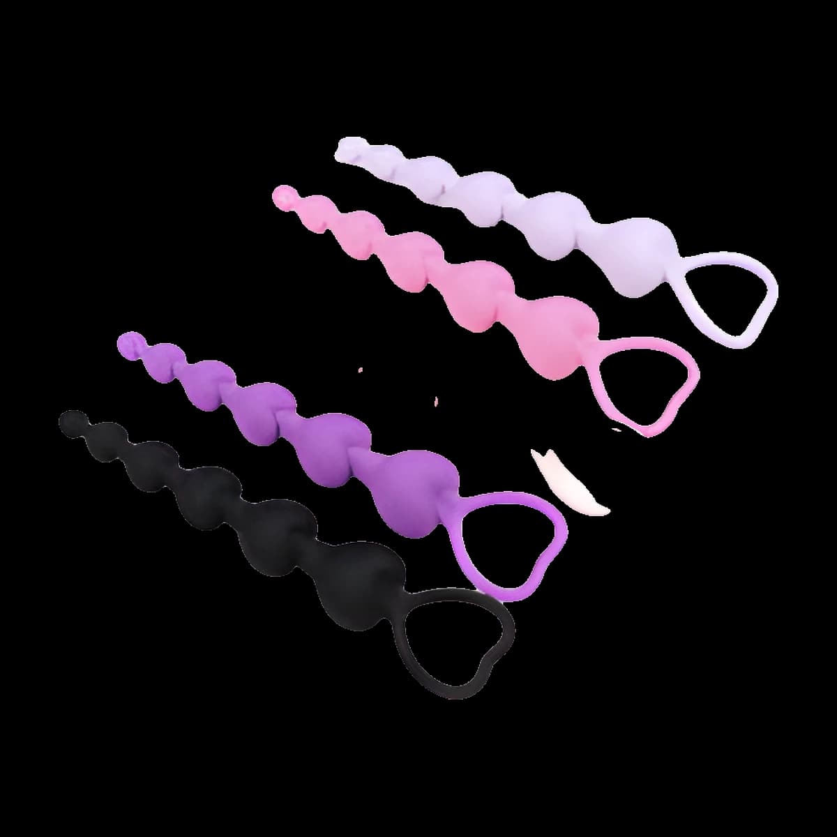 Six strands of graduated round beads fanned out in black, purple, several shades of pink and lilac, each ending in a heart shaped loop handle.
