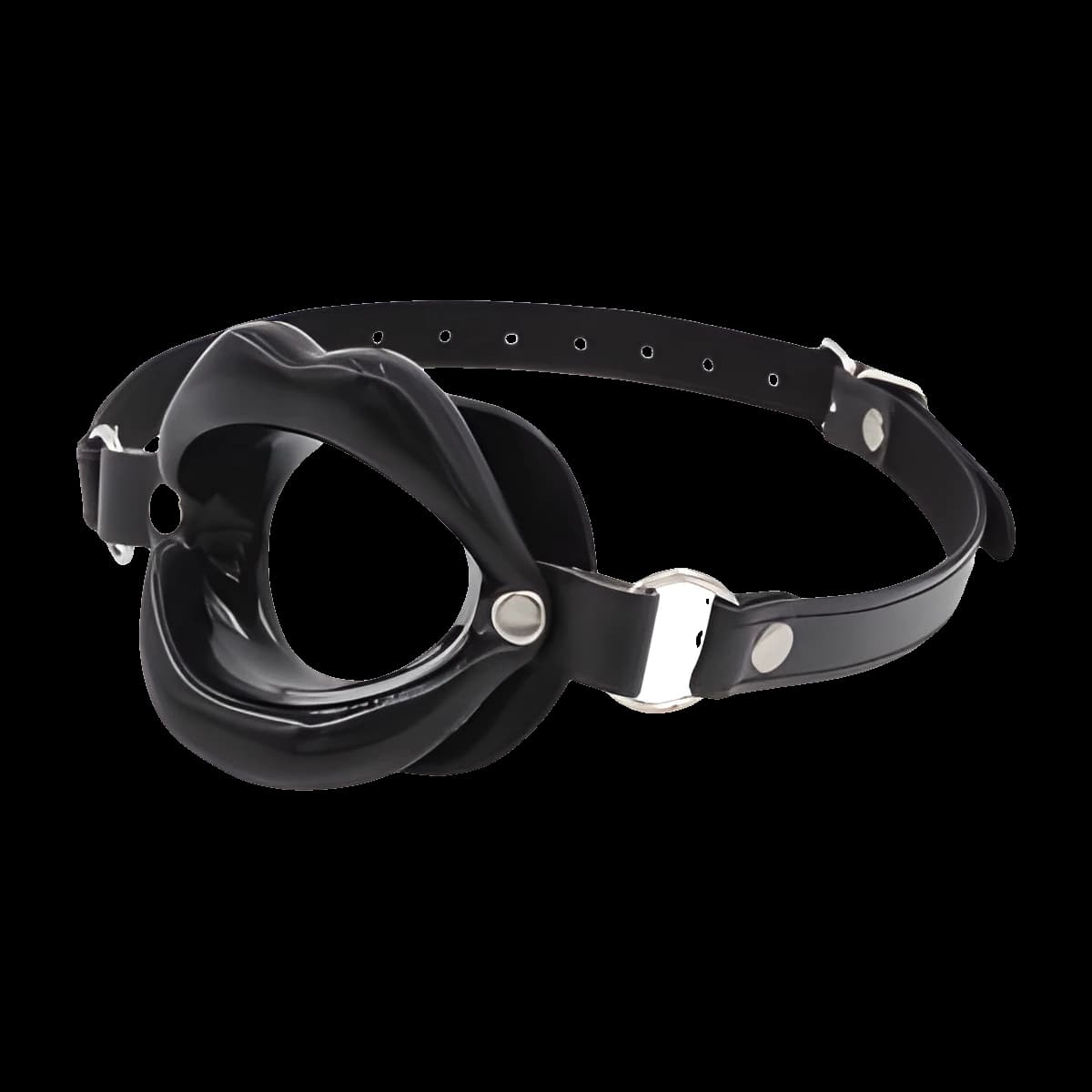 A black lip shaped mouthpiece with a wide round opening, fixed with metal rivets and rings to a black strap with a row of holes and a buckle.