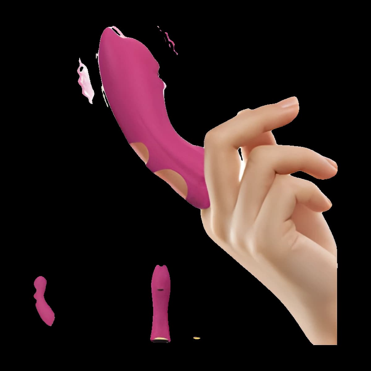A magenta bent shape with a textured tip held between the fingers of a hand, with a small line drawing and two smaller views in magenta and purple.