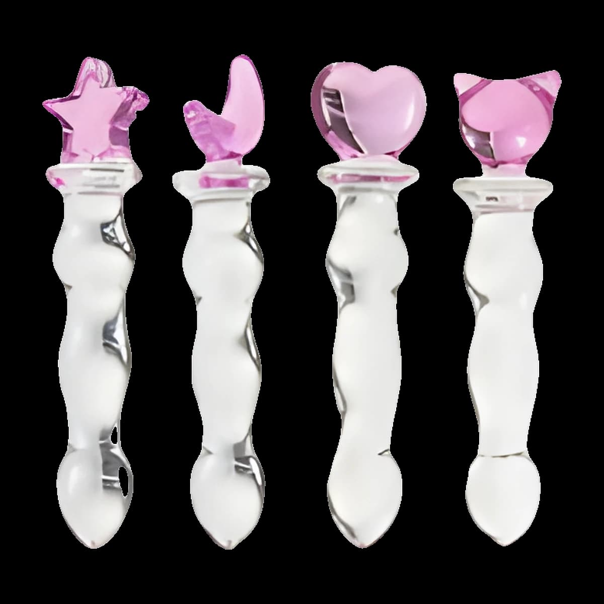 Four clear glass wands with wavy bulbed shafts standing in a row, topped with pink glass shapes of a star, a crescent moon, a heart and a cat face.