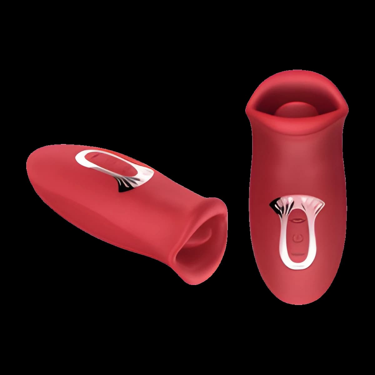 Two views of a red oval toy with a wide open mouth and tongue at one end and a silver edged control panel on its side.