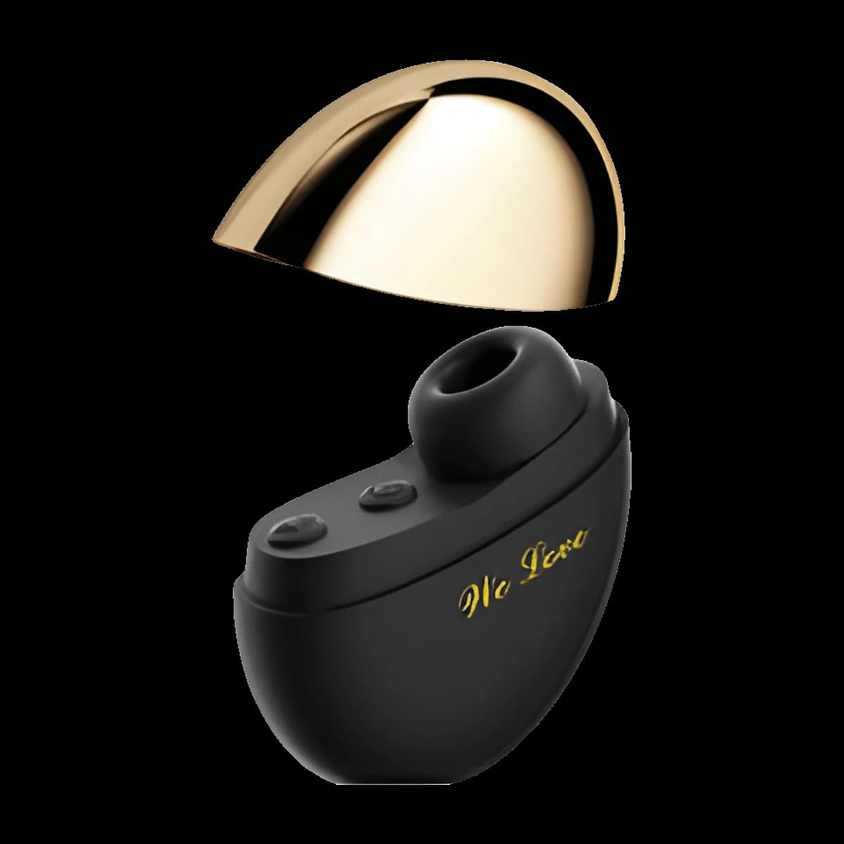 A small black rounded toy with a raised suction opening and two buttons, its polished gold dome cap lifted above it.
