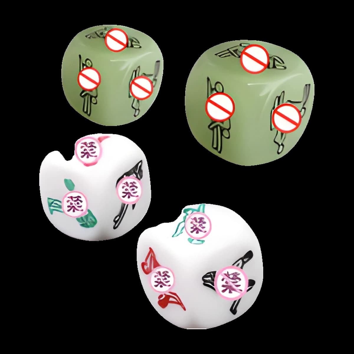 Four small cube dice, two in pale glow green and two in white, each face marked with small illustrated figures in dark and coloured ink.