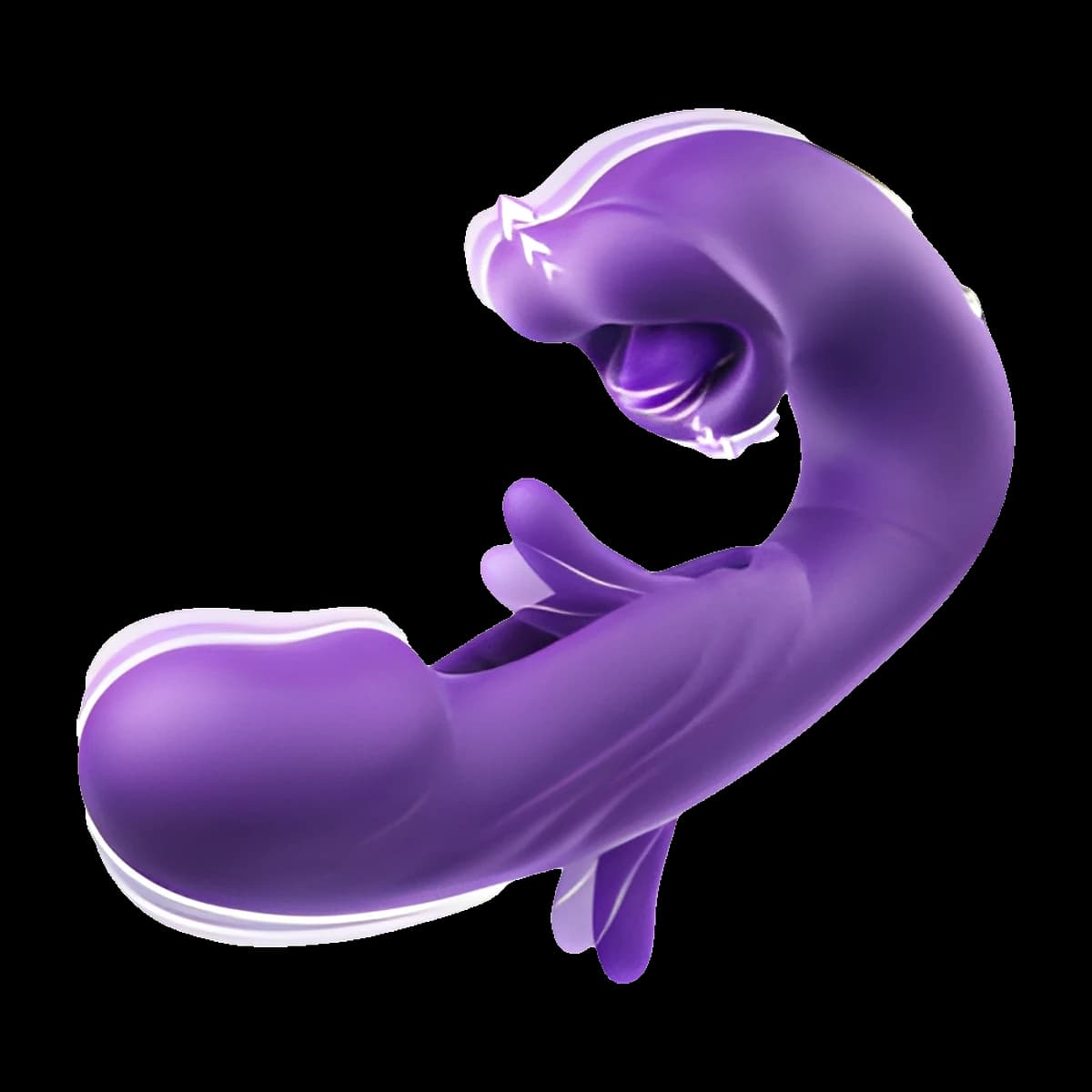 A purple curved toy with a rounded shaft at one end, an open mouth holding a tongue at the other, and small flexible flaps near the middle.