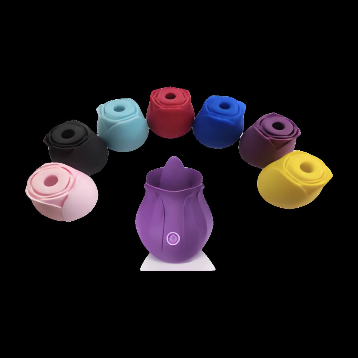 A ring of small rounded toys in black, blue, red, purple, yellow and pink around a larger purple petal shaped toy with a soft tongue at its centre.