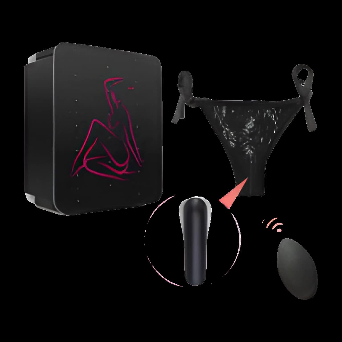 Black lace panty with side ties, a close up of a slim black bullet, a small black oval remote and a black gift box.