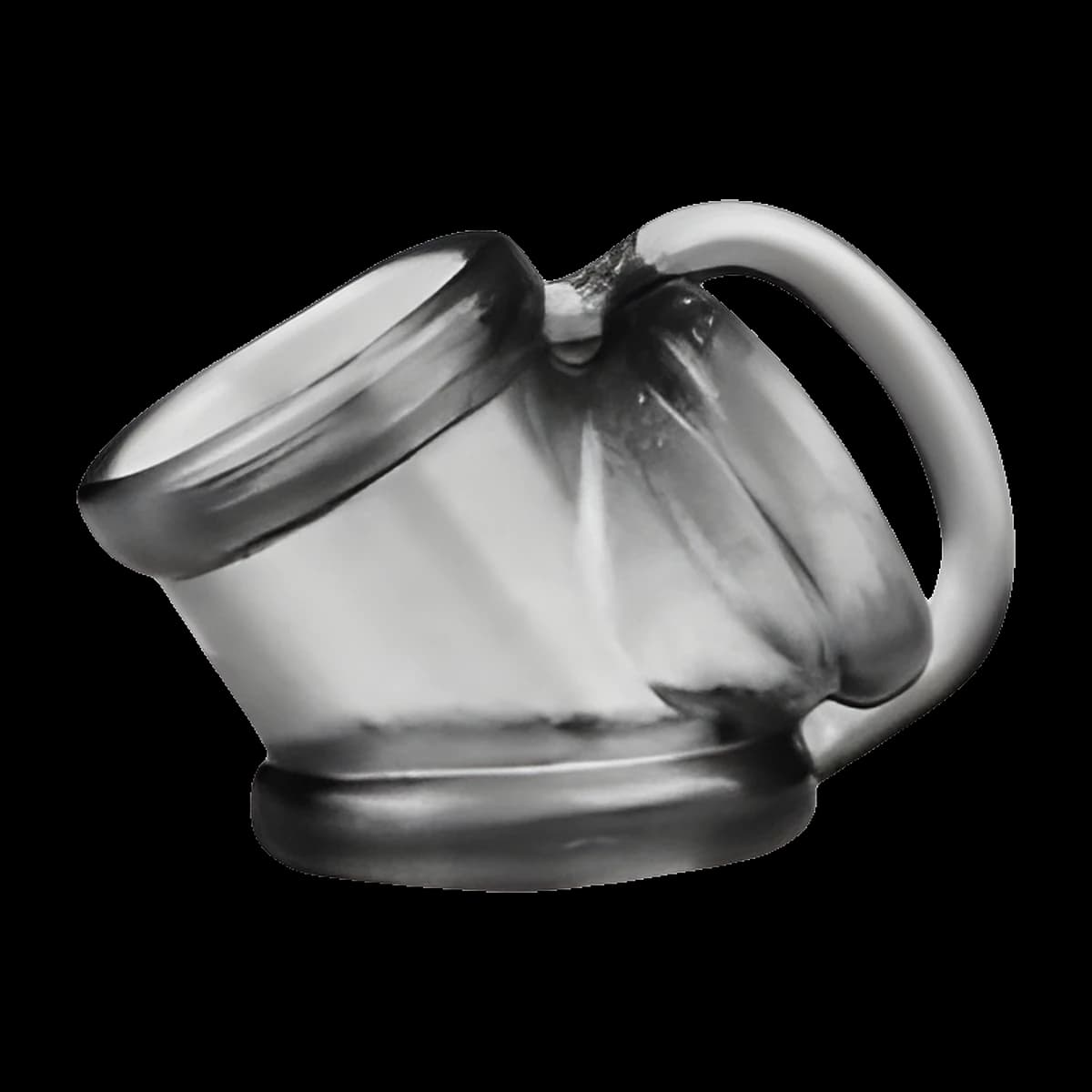 Smoky translucent grey piece shaped like a short angled tube with a thick rim at each end and a round loop rising from one side.