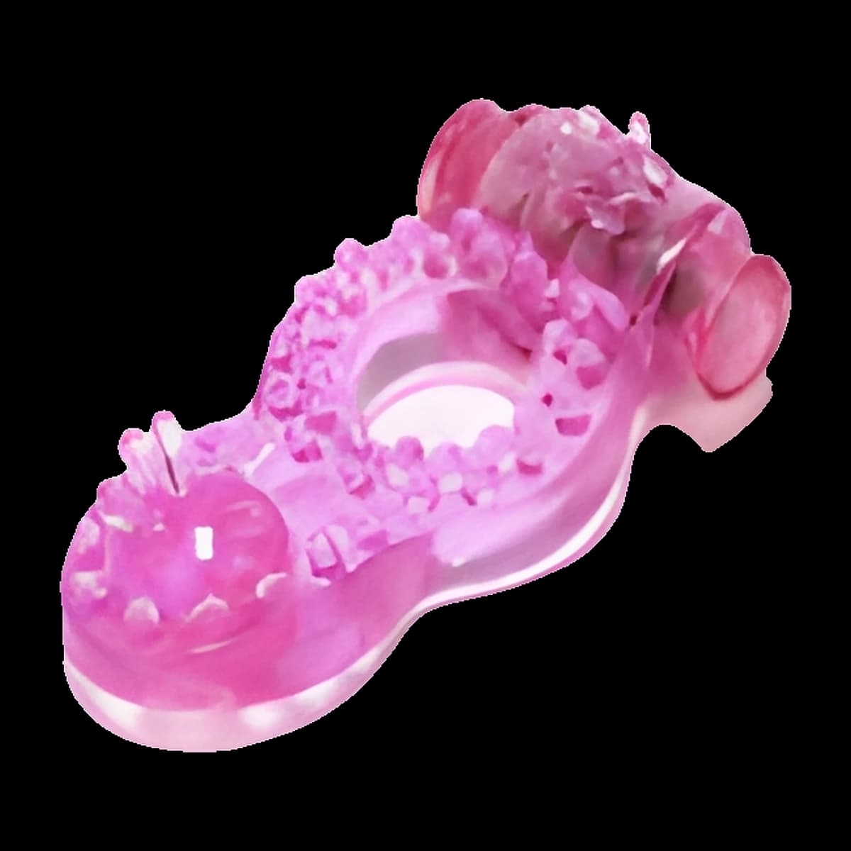 Translucent pink ring with a wide butterfly shaped pad covered in raised nubs, and a small rounded capsule fixed to the top edge.