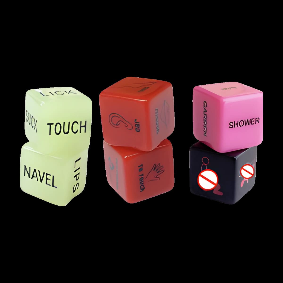 Three pairs of stacked cube dice, one pale glow green, one red, and one with a pink die over a black die, each face printed with words or symbols.