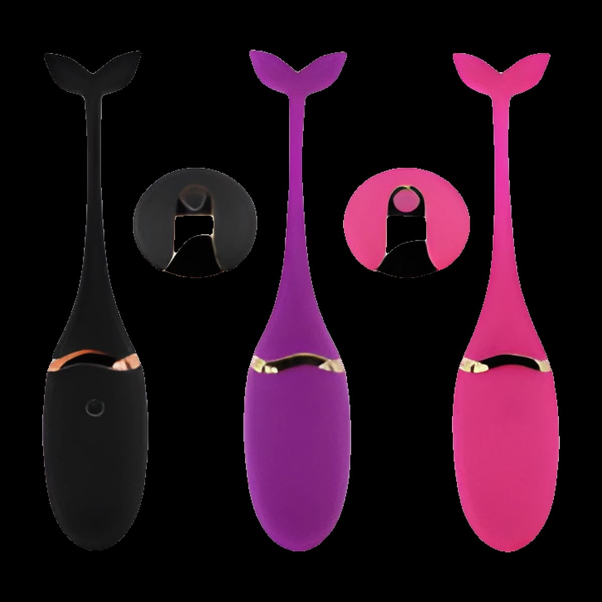 Three egg shaped vibrators in black, purple and hot pink, each on a slim stem with a fin shaped tail, with two round close up insets of the stem.