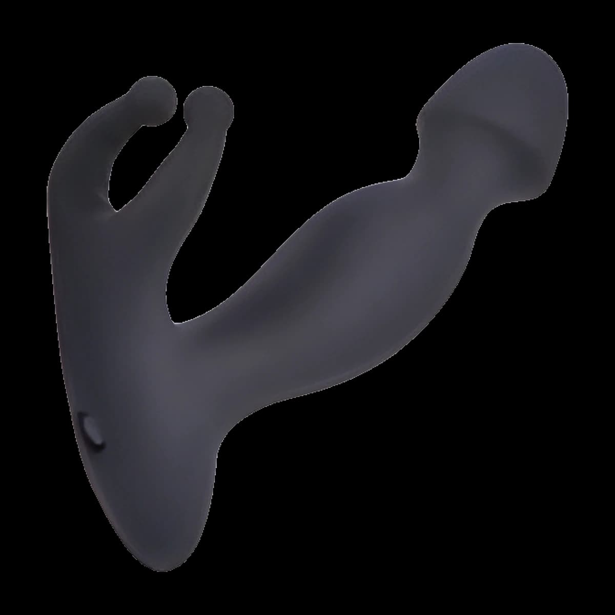 A curved matte black massager with a ridged rounded head at one end and a slim forked arm with two small nubs rising from its base.