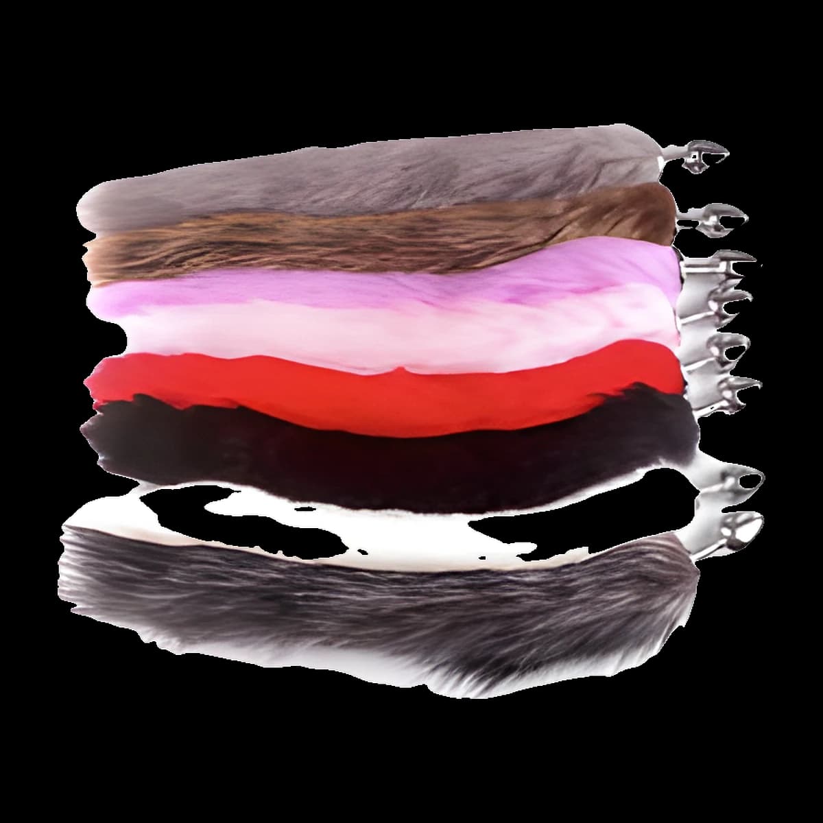 Seven long fluffy tails stacked in grey, brown, lilac, pink, red, black and grey with white, each attached to a small polished silver plug.