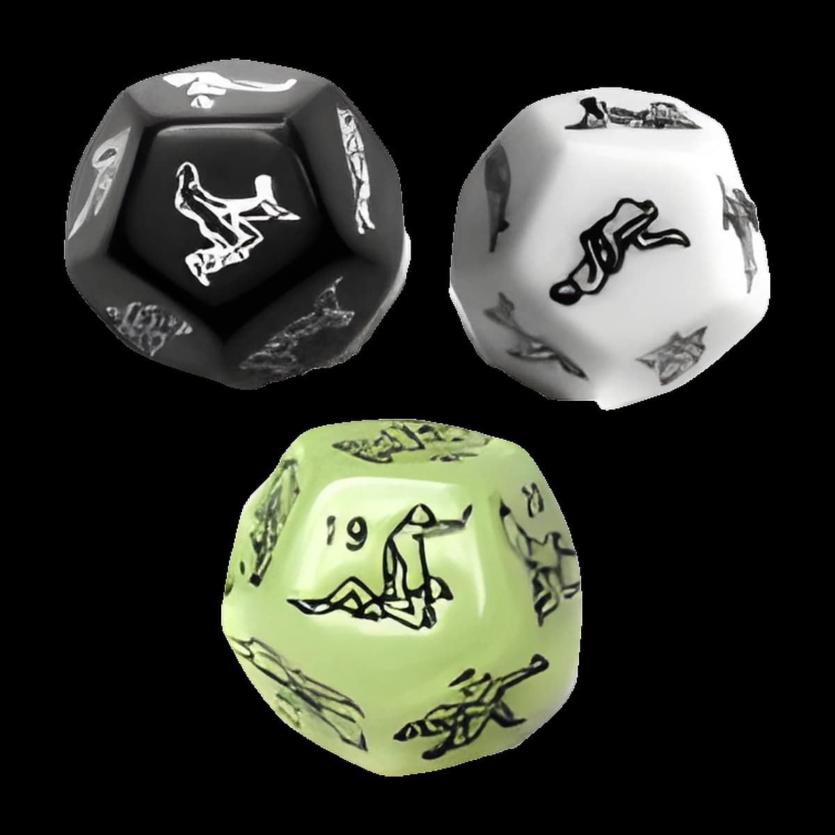 Three twelve sided dice in black, white and pale green, each face marked with a small number and a line drawing of two figures.
