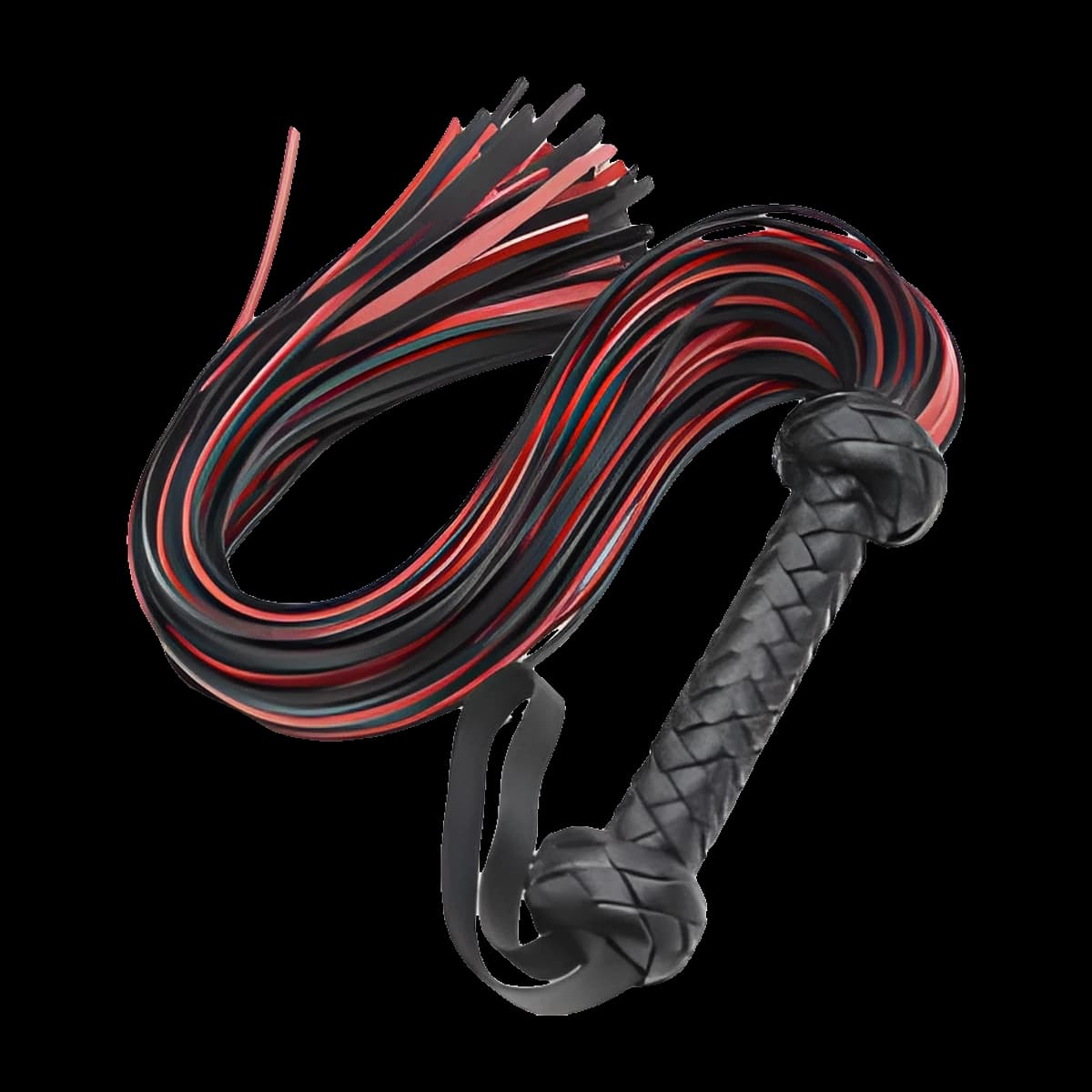 A whip with many long flat tails in black and red strips, a black braided handle with knotted ends and a black wrist loop.