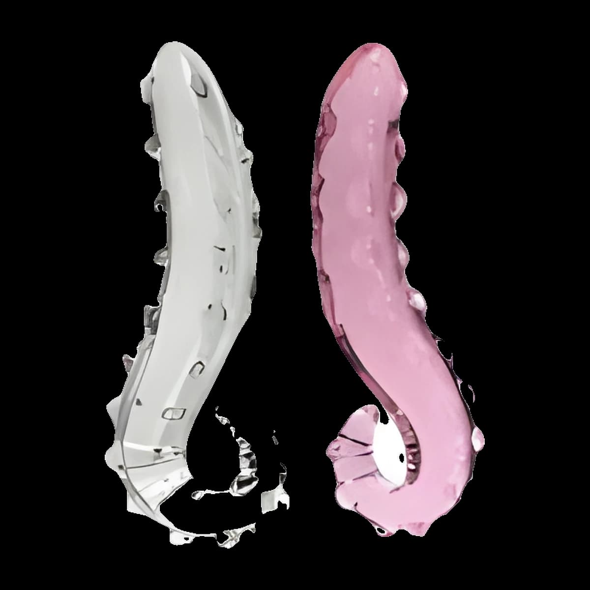 Two curling tentacle shaped wands side by side, one clear and one pink, each lined with small raised suckers and ending in a curled tip.