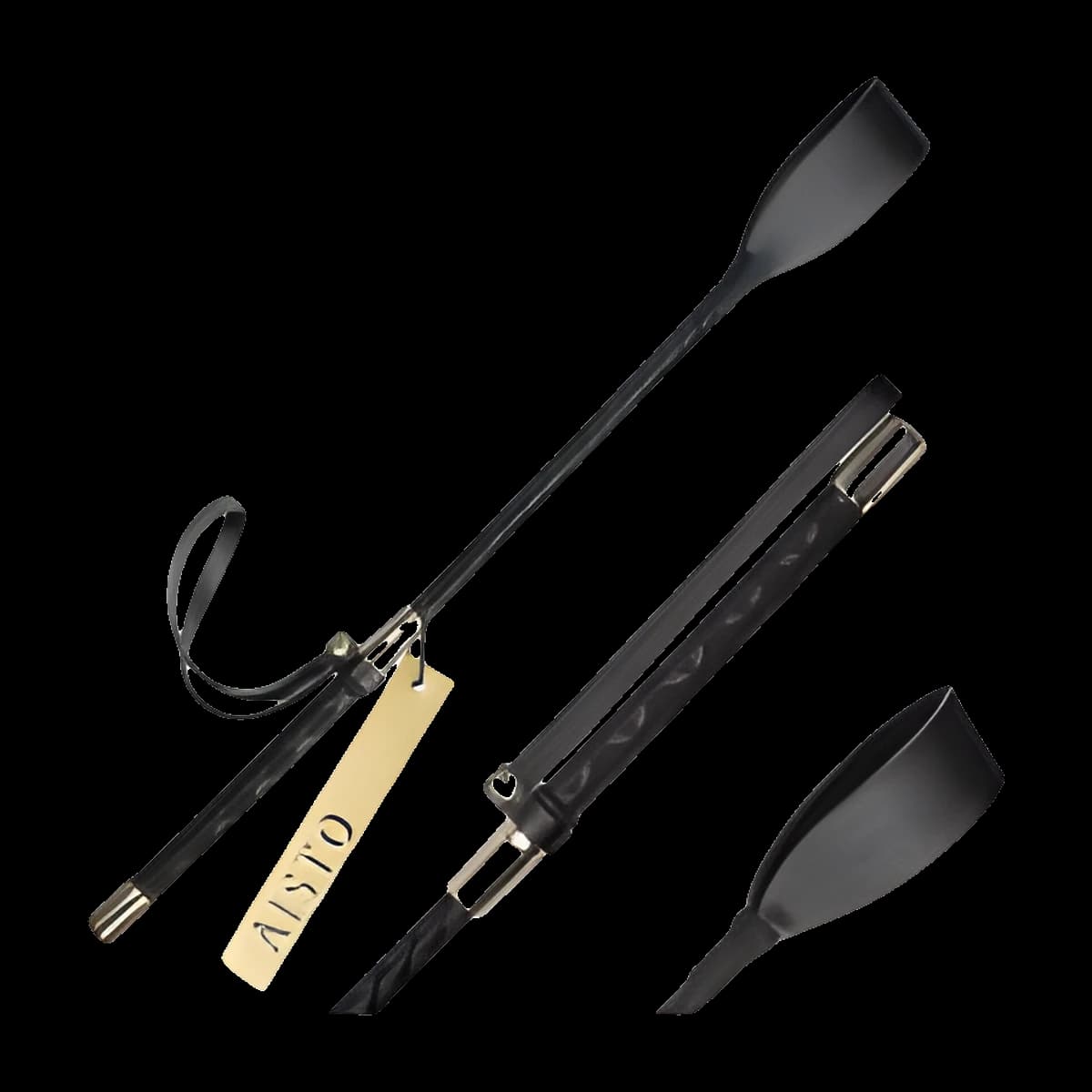 A long black crop with a flat tip, braided handle, metal end cap and wrist loop, with close up views of the handle and tip.