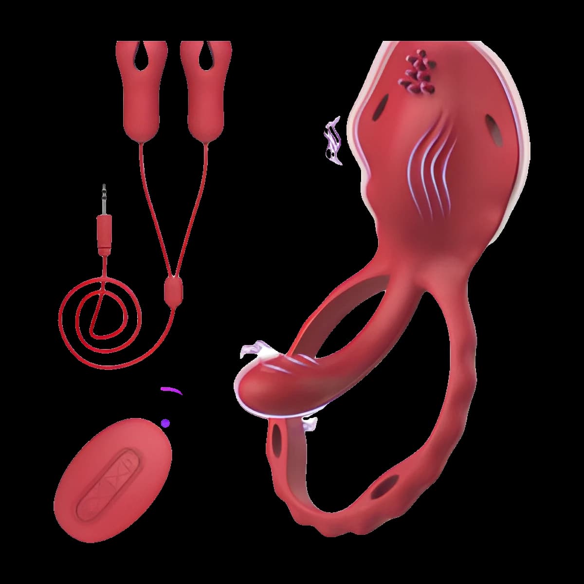 Red double ring with a textured head and a small nub, two red nipple clamps on a coiled cable with a plug, and a small red remote.