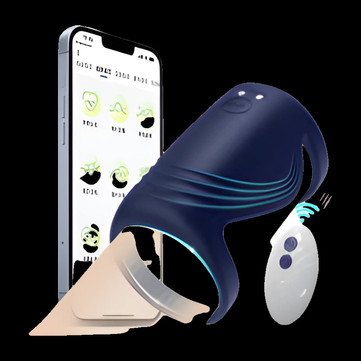 Navy blue ring with two loops fitted on a beige form, shown beside a smartphone displaying a control app and a small white wireless remote with two buttons.