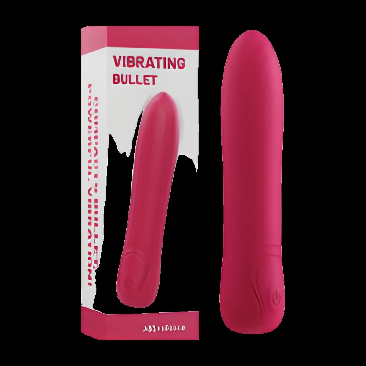 A single raspberry red bullet with a fine textured surface and tapered tip, standing beside its tall white and red box.