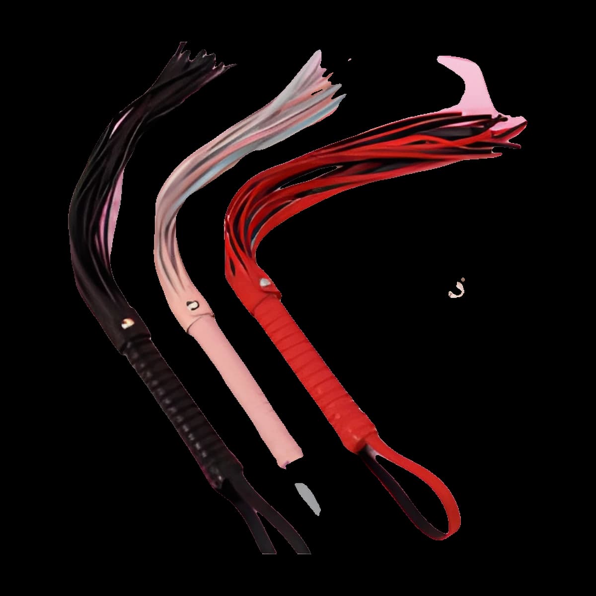Three whips with long slim tassels and wrapped handles in black, pale pink and red, laid across an open book on a pink cloth.