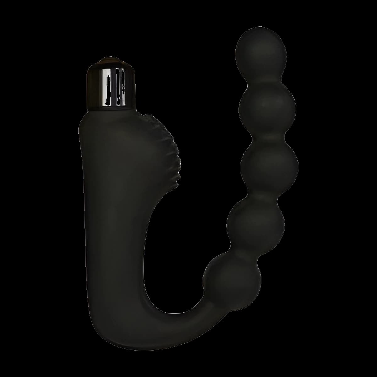 A matte black U shaped toy with a graduated string of round beads on one side and a textured handle holding a silver capped bullet on the other.