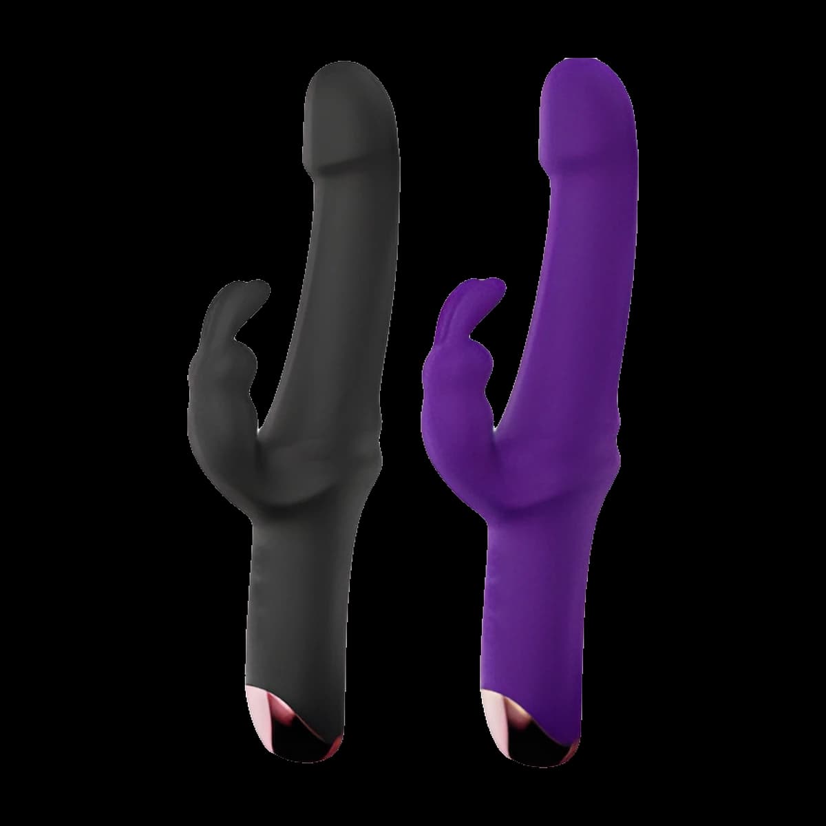 Two toys, one black and one purple, each with a thick textured shaft and rounded head, an eared side arm and a copper coloured base.