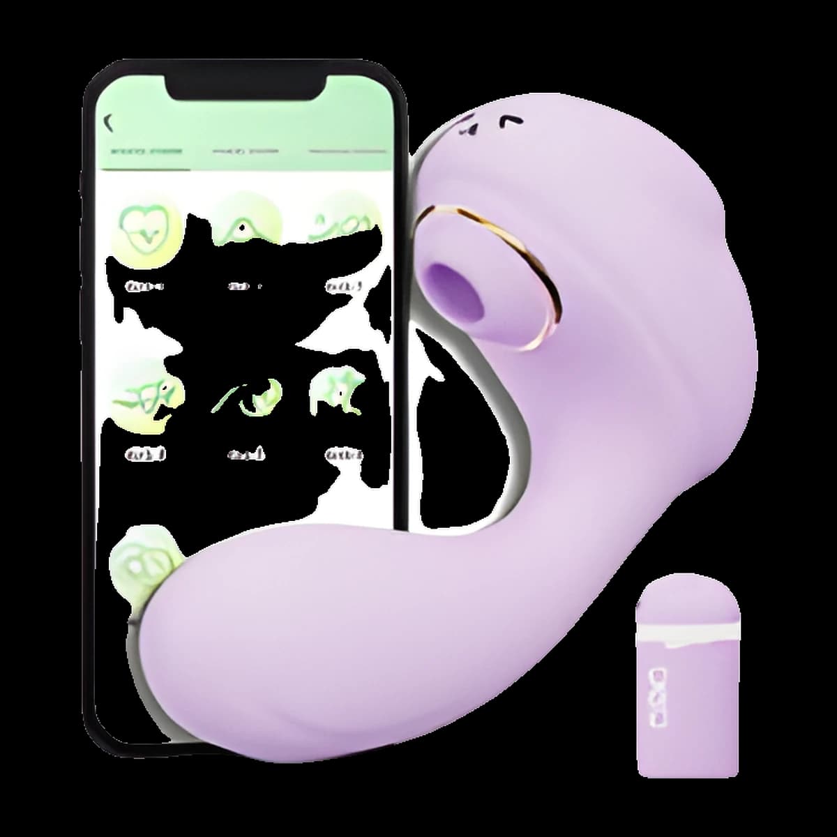 Lavender curved vibrator with a rounded head and a small round opening near a gold ring, beside a phone showing an app and a small cylindrical piece.