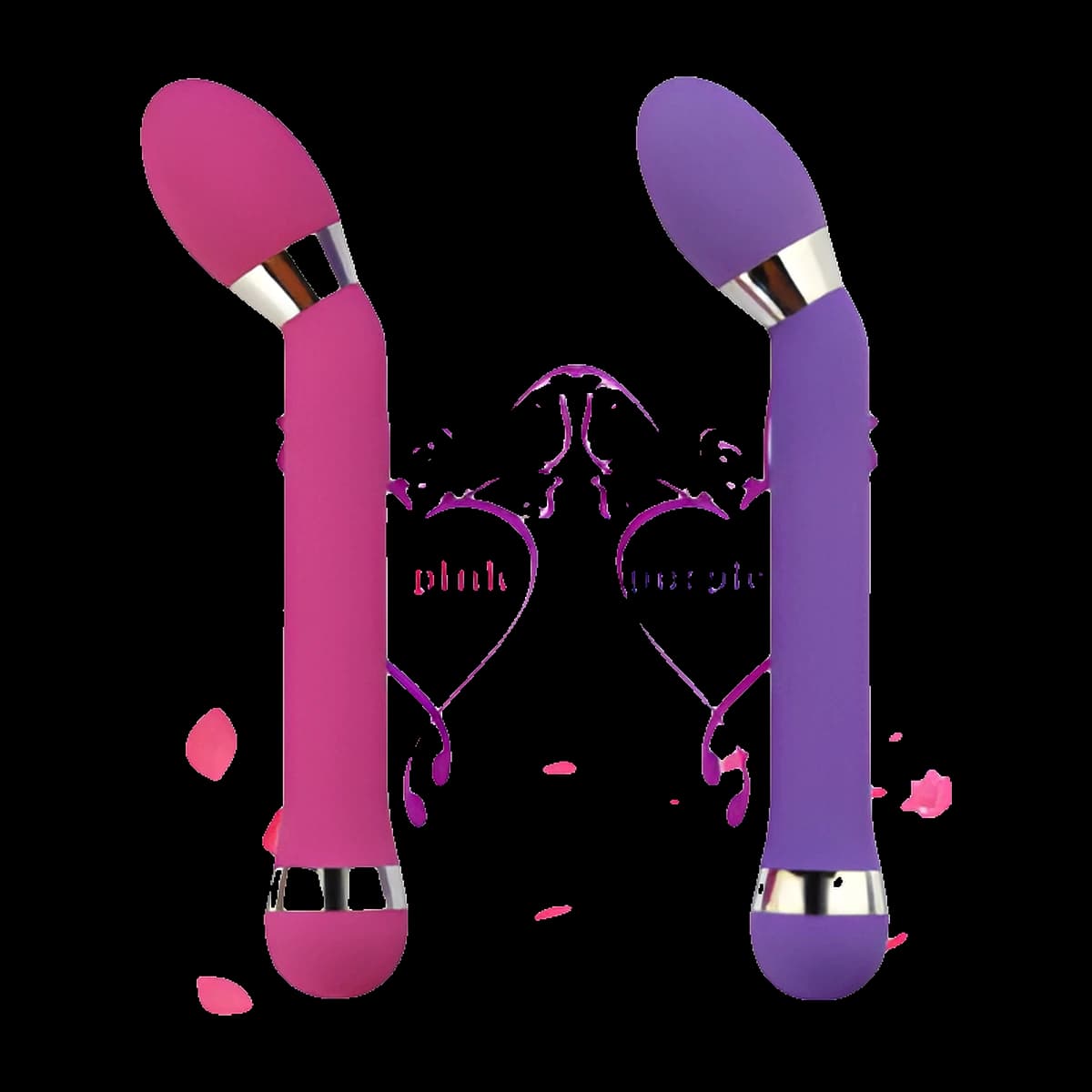 Two slender shafts with angled egg shaped heads and silver rings at the neck and base, one pink and one purple, framed by decorative swirls.