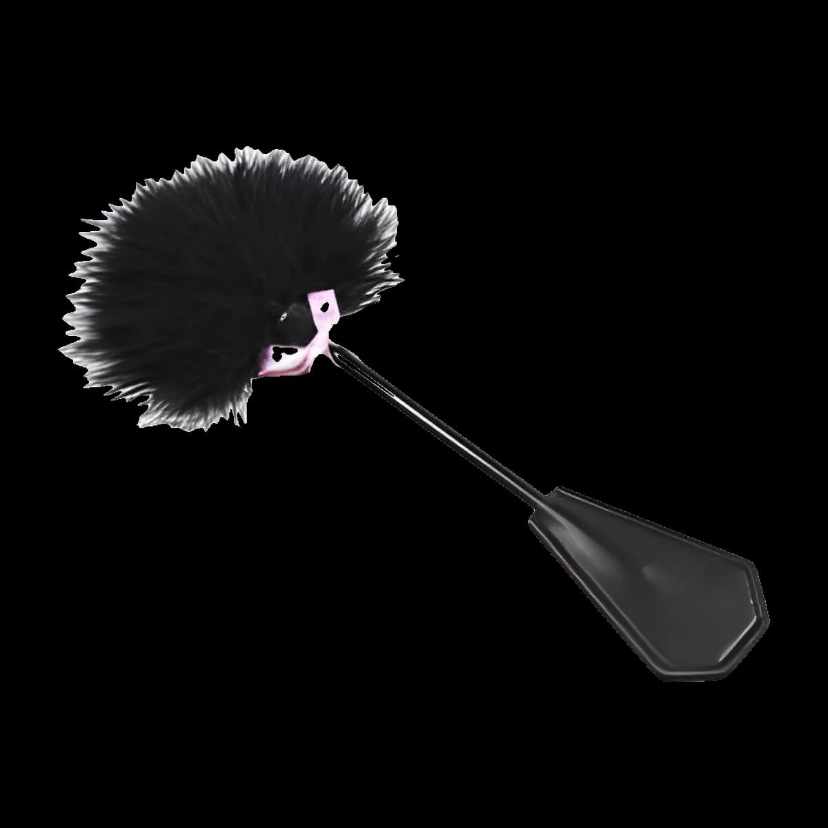 A slim black wand with a fluffy black feather plume tied with a pale pink ribbon bow at one end and a flat black diamond shaped tip at the other.