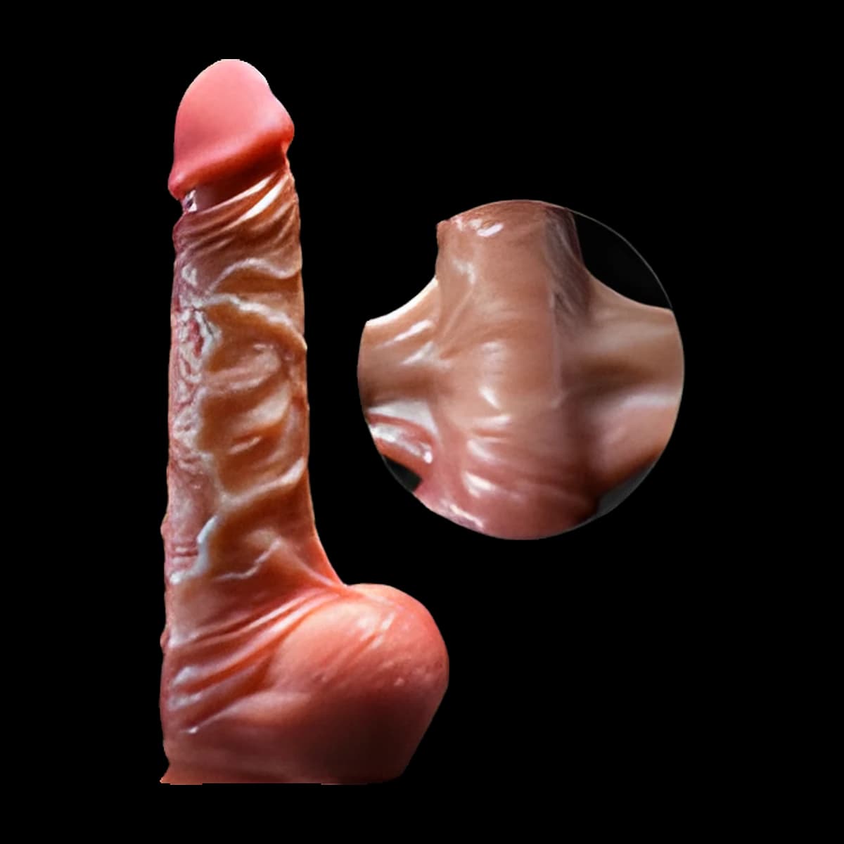 A flesh toned, heavily veined toy with balls and a suction cup base, beside a round close up of its textured surface.