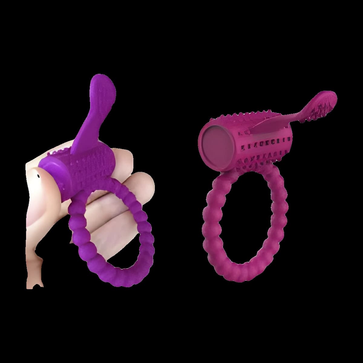 Two views of a magenta ring with a beaded band and a textured capsule topped by a small curved nub, one of them held in a hand.