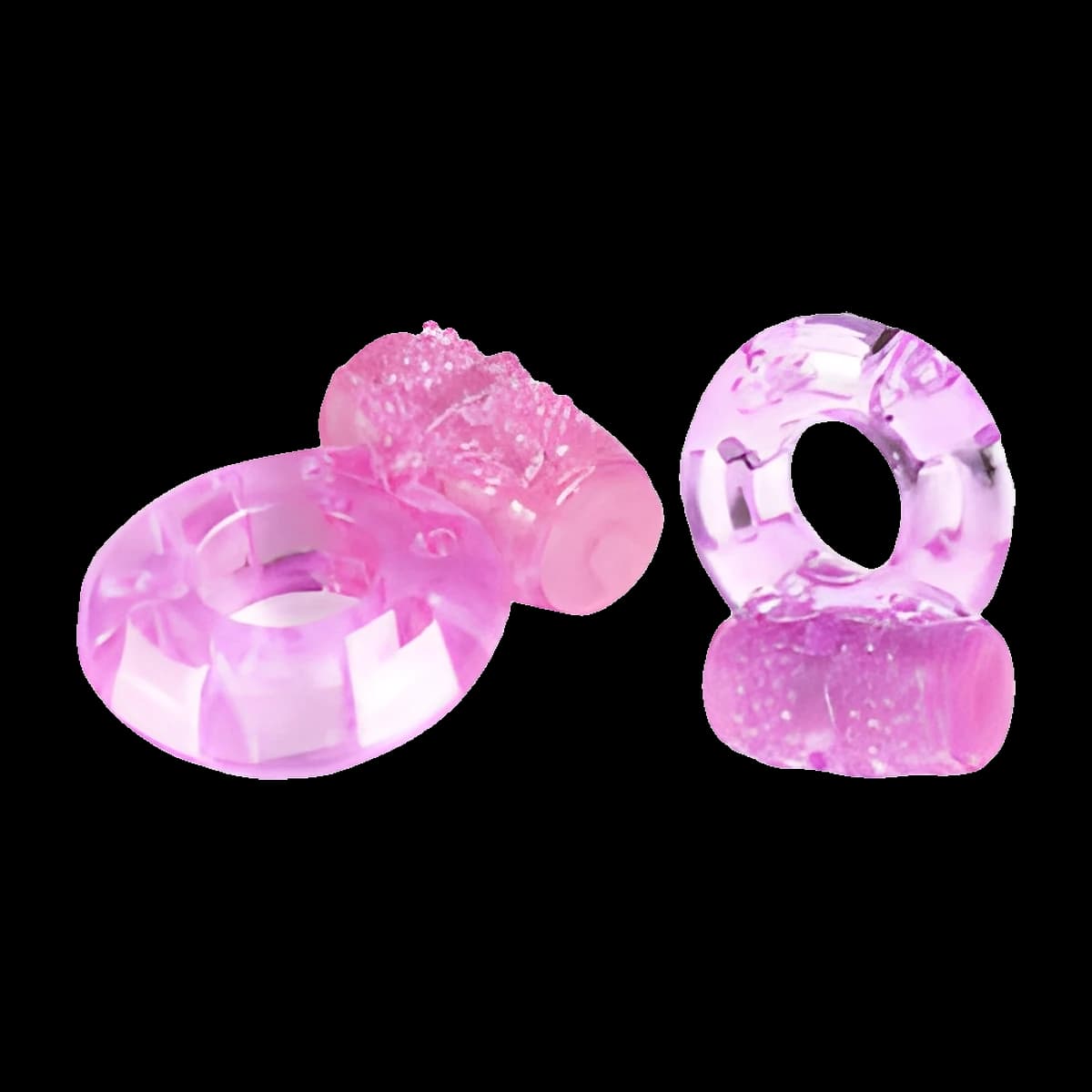 Two translucent pink rings with ribbed bands, each topped by a rounded capsule covered in small raised nubs.