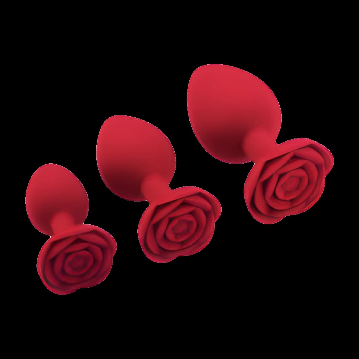 Three matte red plugs in graduated sizes lying at an angle, each with a sculpted rose flower forming its base.