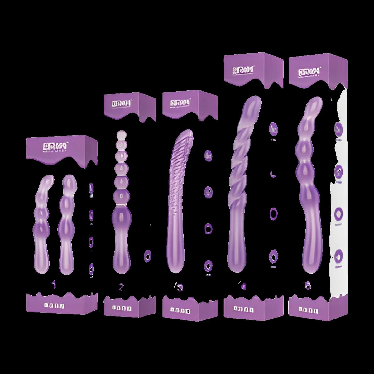 Five slim translucent purple wands in beaded, ridged and twisted shapes, each standing beside its own tall white and purple box.