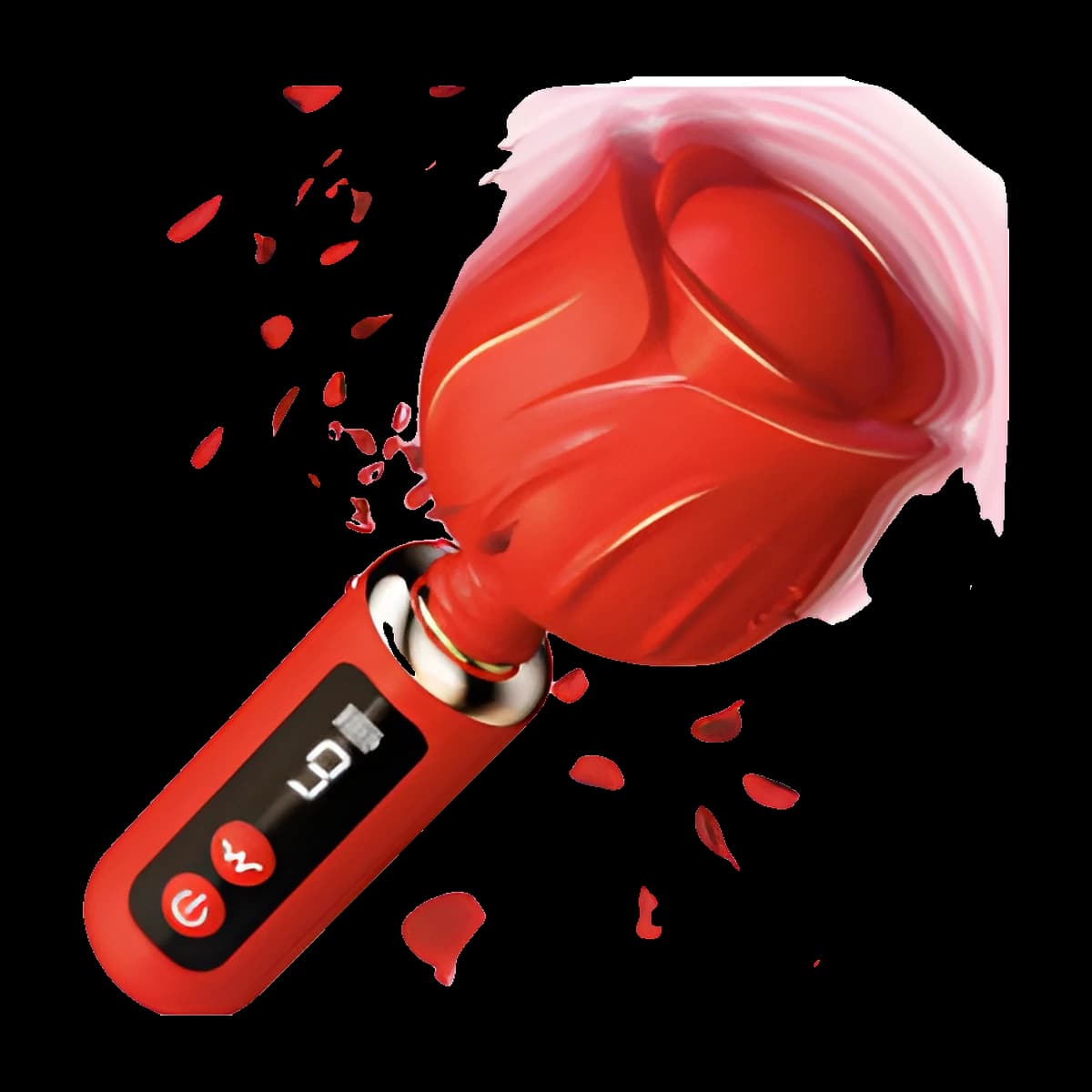 A red wand with a large rose shaped head and a slim handle holding a small digital display and buttons, surrounded by scattered red petals.