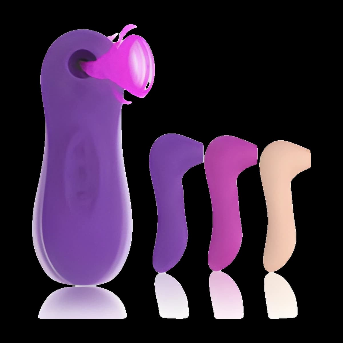 A purple handheld toy with three front buttons and a pink suction tip, beside three smaller versions of the same shape in purple, magenta and nude.