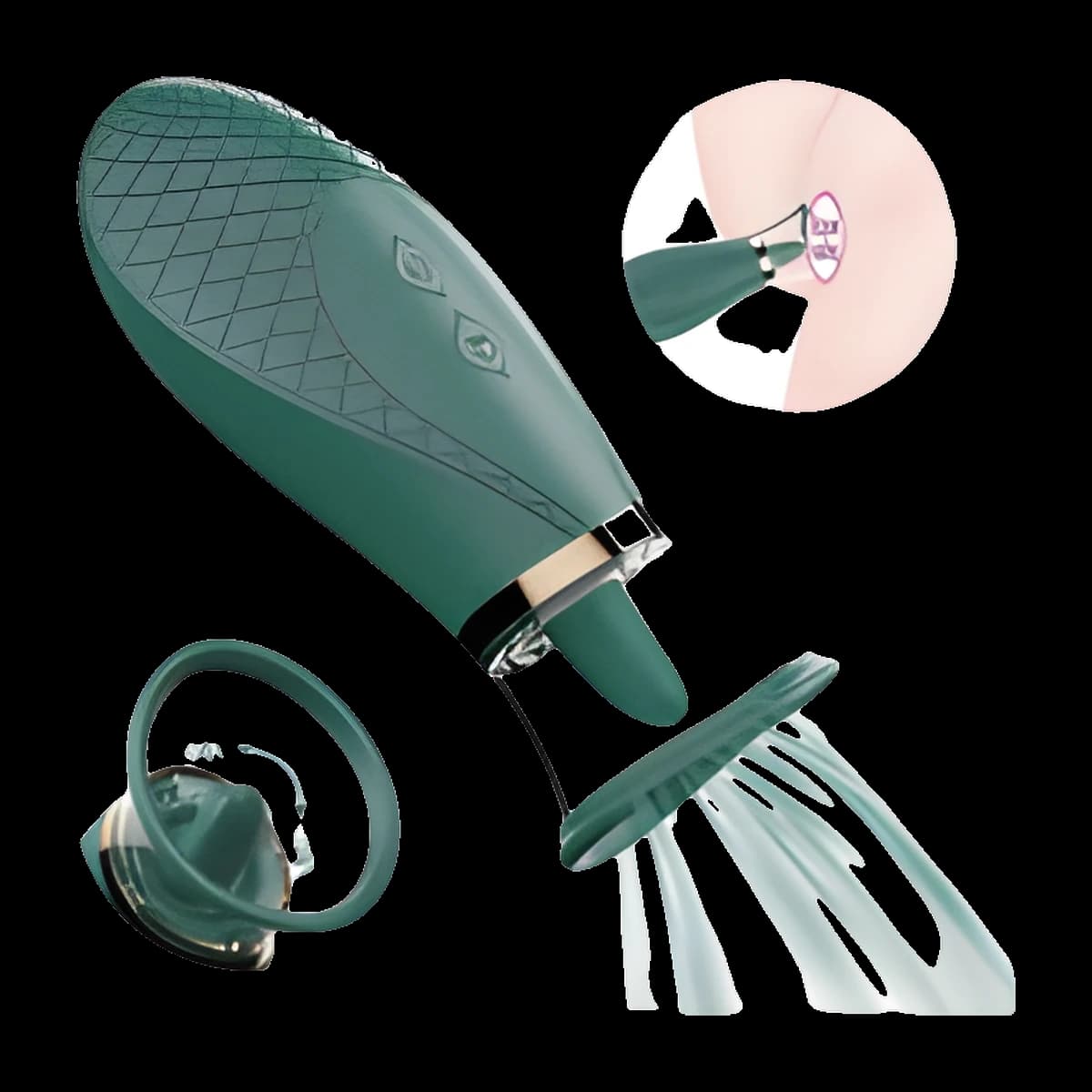 A dark green handheld toy with a diamond textured body, a gold band and a clear cup at its tip, shown with two small close up insets.